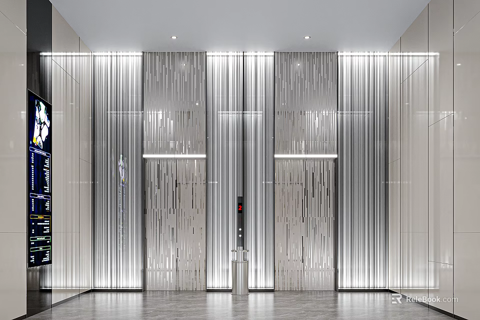 Modern Elevator Lobby Design With Silver Metal Striped Walls And Glass Elements 3d model 