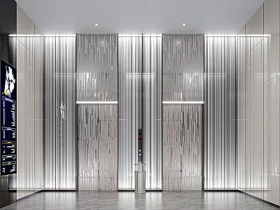 Modern Elevator Lobby Design With Silver Metal Striped Walls And Glass Elements 3d model