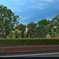 Vibrant Shrubs with Trees Bearing Pink Flowers Along Red Brick Pavement Under Blue Sky