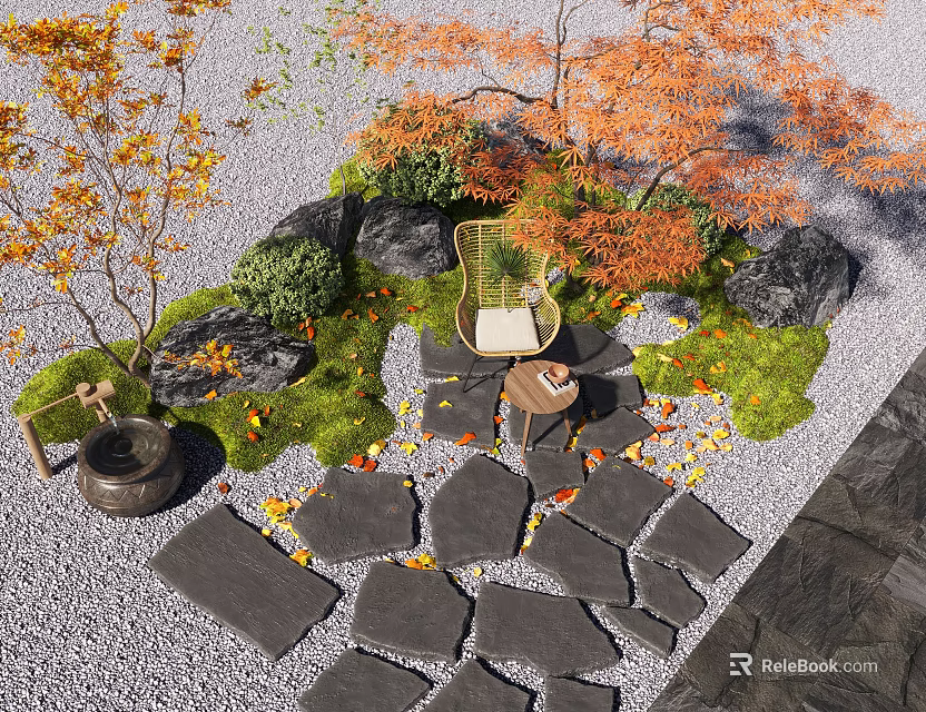 Serene Courtyard Garden With Stone Slab Path Fallen Leaves Moss Covered Rocks And Wooden Chair 3d model 