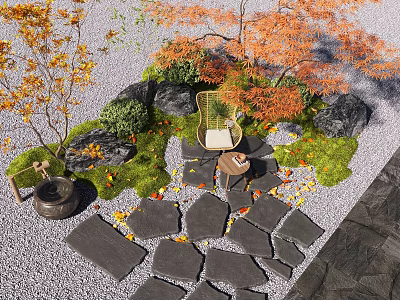 Serene Courtyard Garden With Stone Slab Path Fallen Leaves Moss Covered Rocks And Wooden Chair 3d model