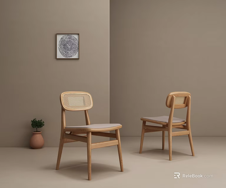 Leisure Chairs With Wooden Frame Wicker Backrest Light Brown Wall Decorative Painting And Small Potted Plant 3d model 