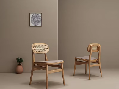 Leisure Chairs With Wooden Frame Wicker Backrest Light Brown Wall Decorative Painting And Small Potted Plant 3d model