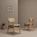 Leisure Chairs With Wooden Frame Wicker Backrest Light Brown Wall Decorative Painting And Small Potted Plant