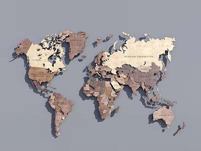 Decorative Wooden World Map Wall Decor With Detailed Continents For Home Decoration 3d model