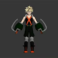 Anime Style 3D Character With Golden Spiky Hair Green Gloves And Creature Inspired Weapons
