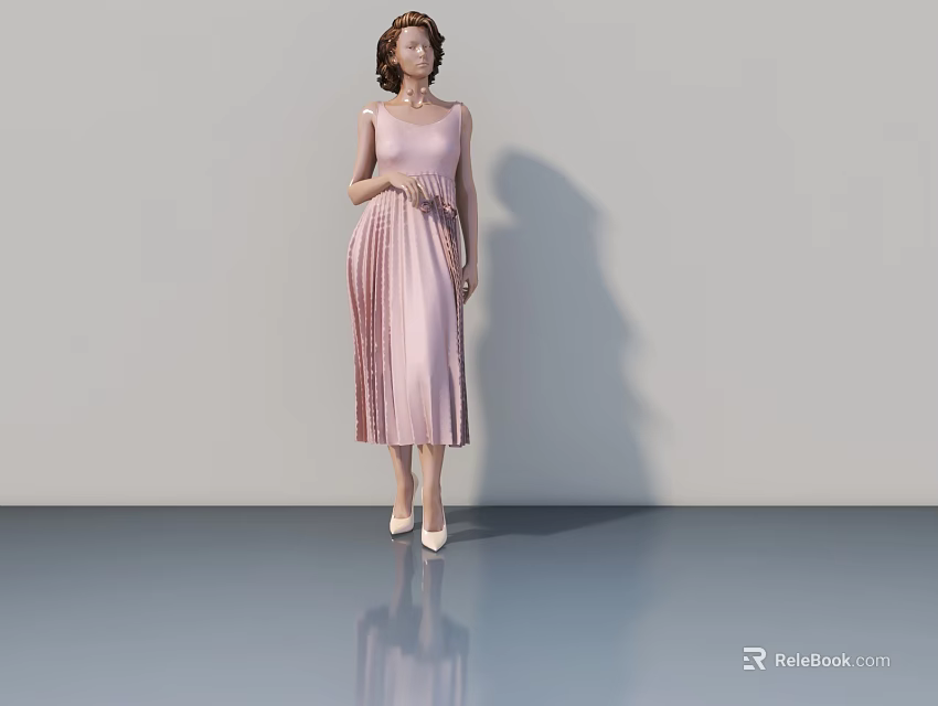 Light Colored Swing Door With Pink Dress Model On Gray Floor And Shadow Reflection 3d model 