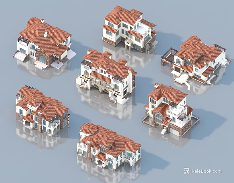 Detached Villa with Red Roof White Exterior and Multiple Design Perspectives 3d model 