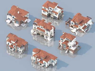 Detached Villa with Red Roof White Exterior and Multiple Design Perspectives 3d model