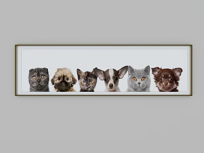 Adorable Animal Heads Painting With Six Cats And Dogs In Long Golden Frame On White Background 3d model
