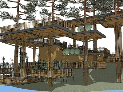 Landscape Bridge With Multi Level Structure Wooden Railings Surrounded by Trees And Round Lanterns 3d model