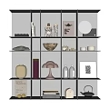 Stylish Decorative Ornament Combination on Shelf with Candles Vases Bowls and Art Prints