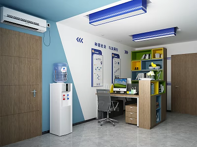 Modern Office Interior With Blue White Walls Wooden Doors Desk Chair Water Dispenser And Bookshelf 3d model