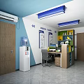 Modern Office Interior With Blue White Walls Wooden Doors Desk Chair Water Dispenser And Bookshelf