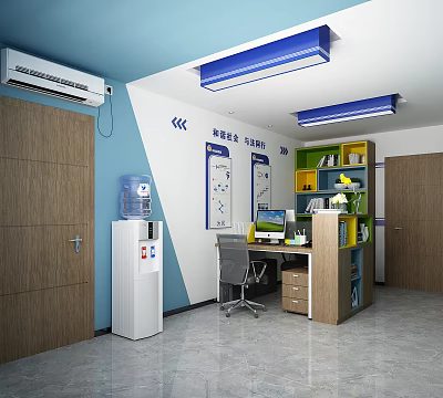 Modern Office Interior With Blue White Walls Wooden Doors Desk Chair Water Dispenser And Bookshelf 3d model