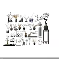Chinese Style Decorative Ornaments Collection with Vases Branches Potted Plants and Stands