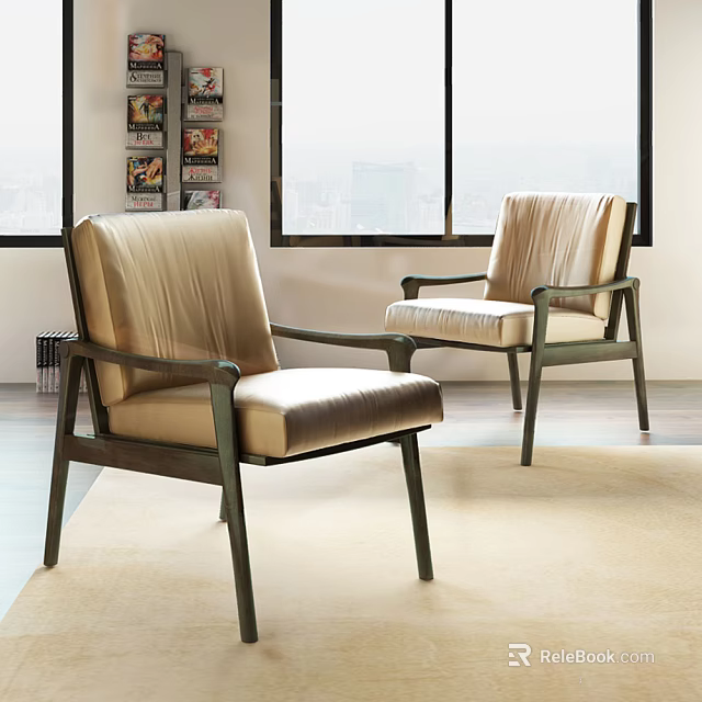 Stylish Beige Accent Chairs With Dark Wooden Frame Large Windows City View Bookshelf 3d model 