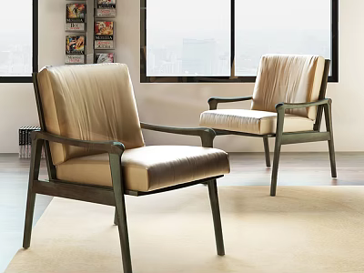 Stylish Beige Accent Chairs With Dark Wooden Frame Large Windows City View Bookshelf 3d model