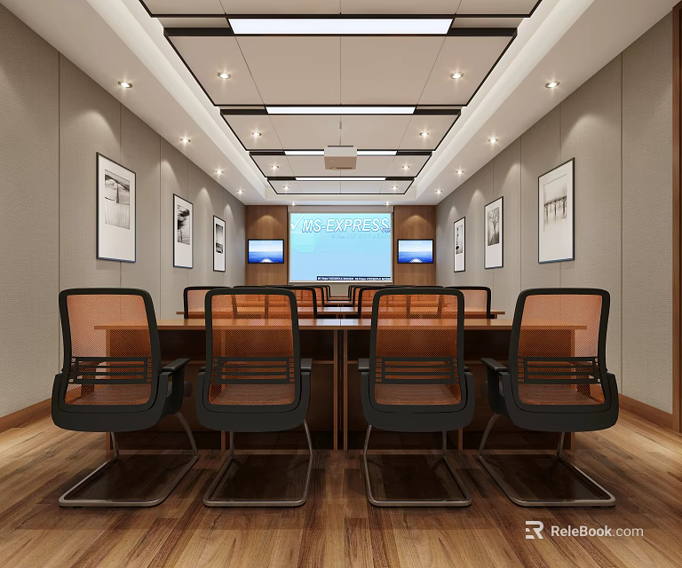 Modern Conference Room Interior With Long Table Ergonomic Chairs Projection Screen And Wooden Flooring 3d model 