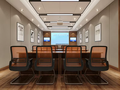 Modern Conference Room Interior With Long Table Ergonomic Chairs Projection Screen And Wooden Flooring 3d model
