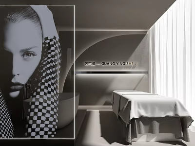 Modern SPA Sauna Interior Design With Massage Bed White Sheets And Wall Artwork 3d model