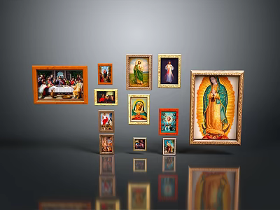 Diverse Framed Religious Paintings Featuring The Last Supper And Madonna 3d model
