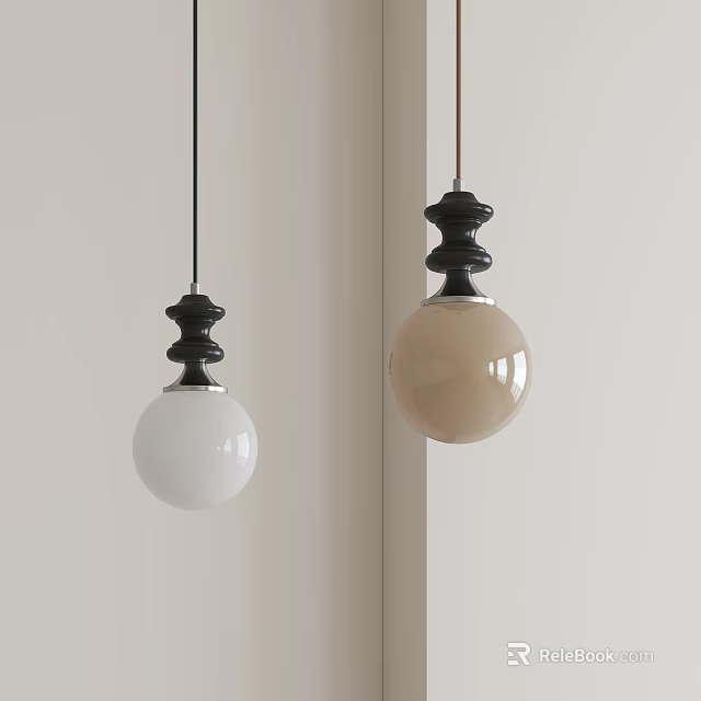 Modern Two Pendant Lights With White Beige Globe Shades And Black Accents 3d model 