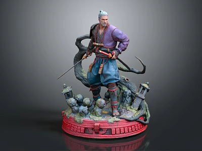 Elderly White Haired Samurai With Sword And Small Creatures On Red Base 3d model