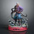 Elderly White Haired Samurai With Sword And Small Creatures On Red Base