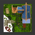 3D Cartoon Scene Featuring Cute House Blue Roof Striped Awning Wooden Fence And Small Boat