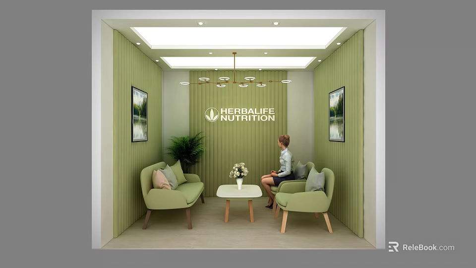 Herbalife Nutrition Lounge Area with Green Walls Comfortable Sofas Coffee Table Flowers Decorative Paintings Chandelier 3d model 