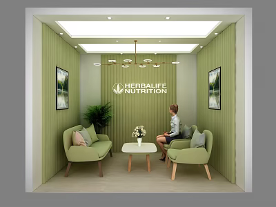 Herbalife Nutrition Lounge Area with Green Walls Comfortable Sofas Coffee Table Flowers Decorative Paintings Chandelier 3d model