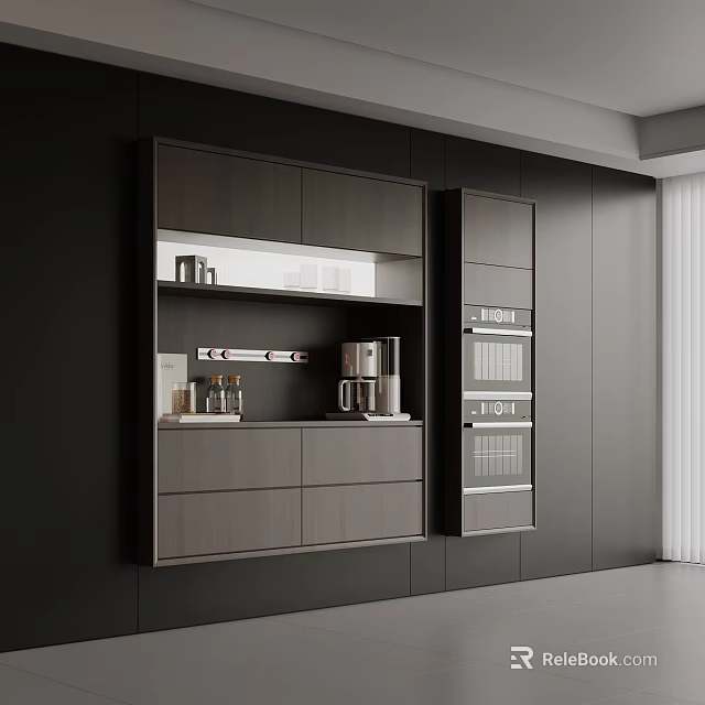 Modern Kitchen Interior With Dark Wood Wall Cabinets And Built in Appliances 3d model 