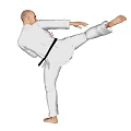 A Man Practicing Karate In White Gi With Black Belt Performing High Kick