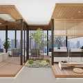 Modern Lounge With Green Plants City View Light Gray Sofas And Wooden Details