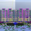 Modern Mid Rise Residential Building Exterior With Green Landscaping And Lawn Trees