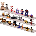 Assorted Stuffed Toys Collection on Three Tiered Shelf with Diverse Characters