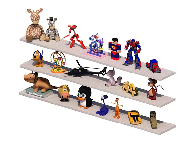 Assorted Stuffed Toys Collection on Three Tiered Shelf with Diverse Characters 3d model