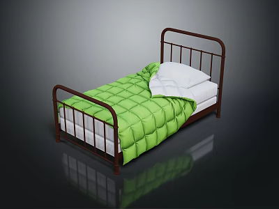 Single Metal Frame Bed With Green Quilt And White Pillow For Bedroom 3d model