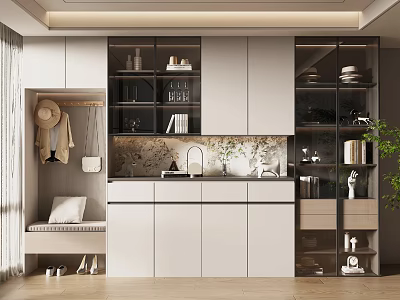 Modern Shoe Cabinet Design With Hanging Space Storage Shelves And Decorative Items 3d model