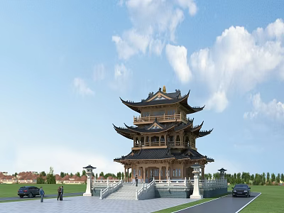 Traditional Chinese Multi story Tower With Flying Eaves Square And Street Lamps Under Cloudy Sky 3d model