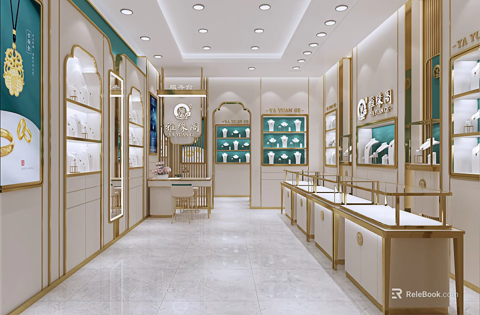 Elegant Luxury Jewelry Store Interior With Gold Display Cases Bright Lighting And Marble Floor 3d model 