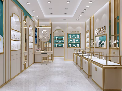Elegant Luxury Jewelry Store Interior With Gold Display Cases Bright Lighting And Marble Floor 3d model