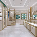 Elegant Luxury Jewelry Store Interior With Gold Display Cases Bright Lighting And Marble Floor