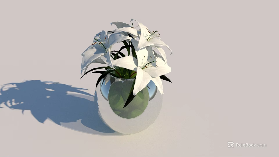 Beautiful White Lilies in Transparent Spherical Vase on Light Background with Shadow 3d model 