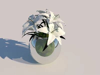 Beautiful White Lilies in Transparent Spherical Vase on Light Background with Shadow 3d model