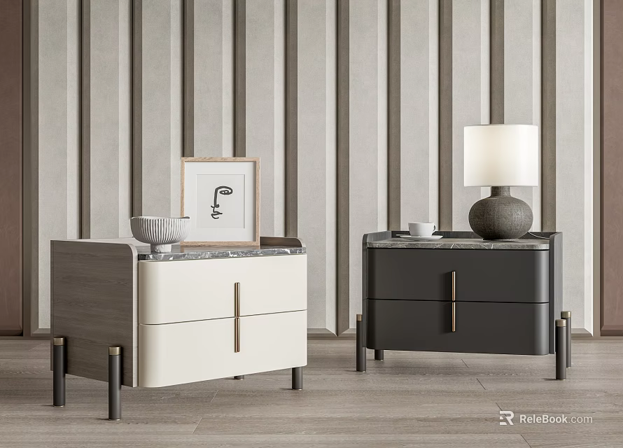 Modern Light And Dark Nightstand With Marble Top Gold Handles Drawers Framed Art Table Lamp 3d model 