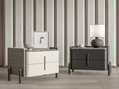 Modern Light And Dark Nightstand With Marble Top Gold Handles Drawers Framed Art Table Lamp 3d model