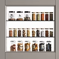 Neatly Arranged Dried Food Ingredients in Glass Jars on Three Tiered Shelves