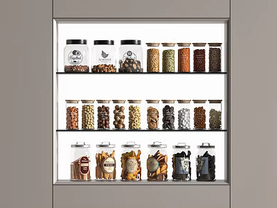 Neatly Arranged Dried Food Ingredients in Glass Jars on Three Tiered Shelves 3d model